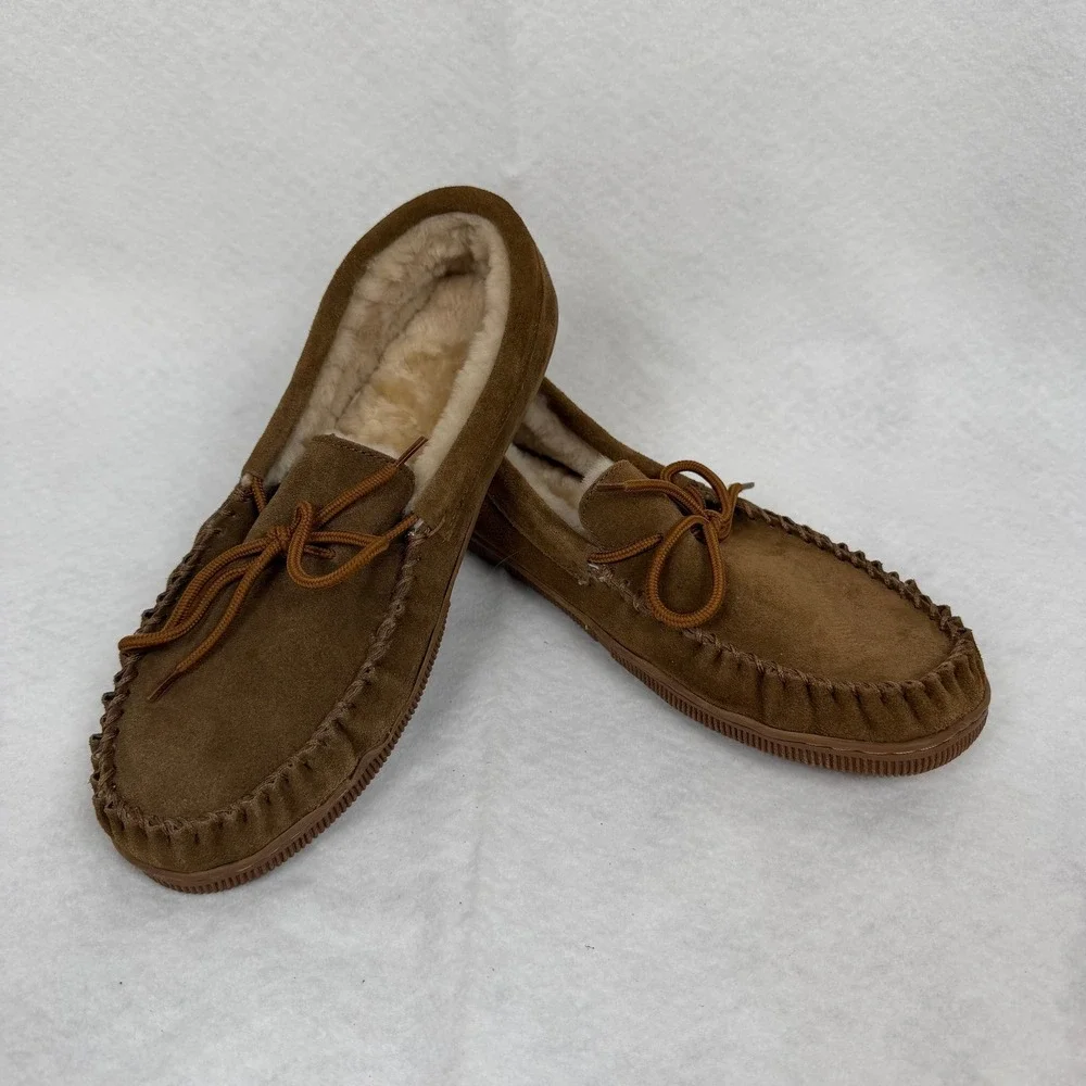 Bearpaw Suede Moccasin Slippers Mens 12 Brown Faux Fur Lined Cabin Cozy Shoes